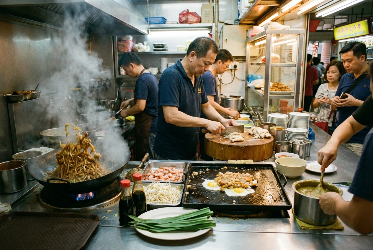 A high-action shot of a busy hawker stall kitchen. In the foreground, a chef tosses noodles in a steaming wok over a high flame, while another man slices poached chicken on a thick wooden chopping block. Trays of fresh prawns, bean sprouts, and eggs are organized on the stainless steel counter, illustrating the intense, fast-paced labor of traditional street food preparation.