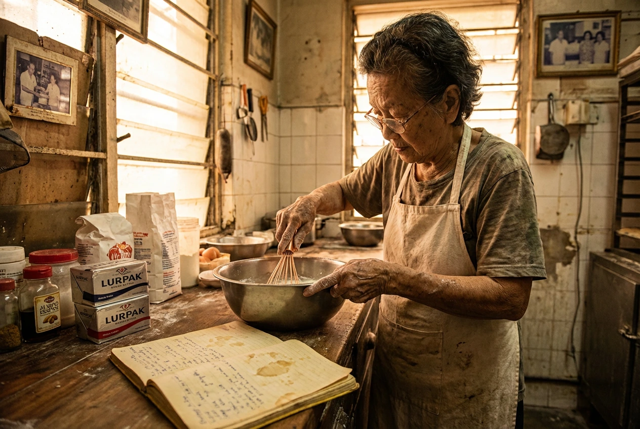 A candid, warm-toned photograph of an elderly woman in a rustic kitchen, whisking ingredients in a metal bowl. An old, stained handwritten recipe book lies open on the wooden counter in the foreground. Sunlight filters through slatted windows, illuminating vintage butter packaging and framed family photos on the tiled walls, capturing a moment of ancestral culinary preservation.