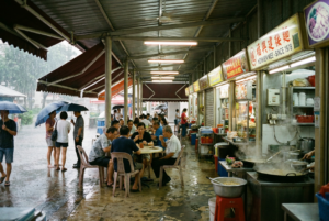 A candid, film-style photograph of a bustling outdoor hawker center in Singapore during a heavy rainstorm. Patrons sit at round tables under a corrugated metal roof while steam rises from large woks at a Hokkien Mee stall in the foreground. People with umbrellas walk along the wet pavement beside the red awnings.