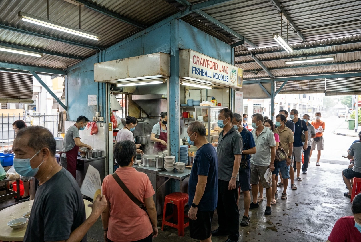 Hill-Street- (1) A wide shot capturing a long line of customers waiting patiently in front of the Crawford Lane Fishball Noodles stall at a bustling Singapore hawker centre.