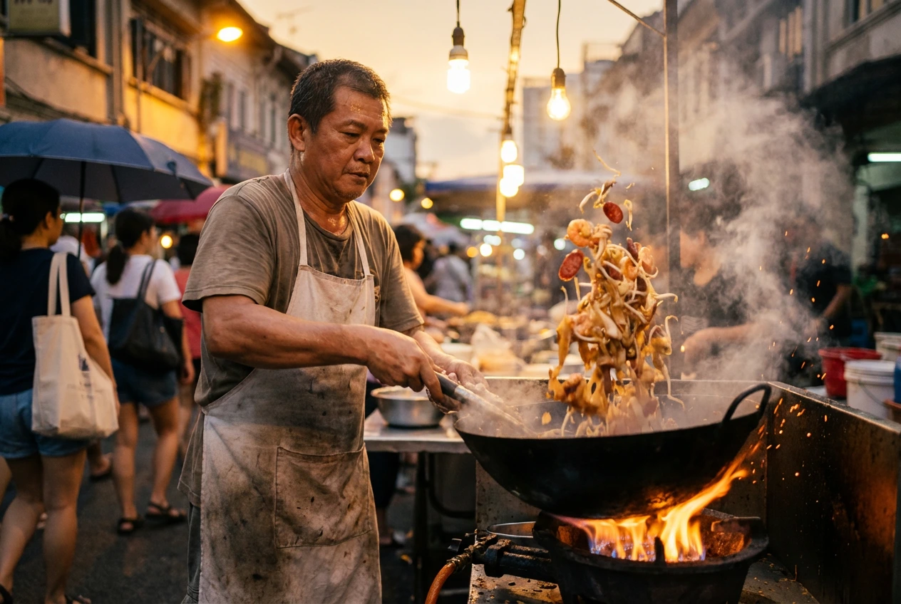 Hill-Street- (3) A dynamic, action-filled shot of an older hawker chef tossing noodles, shrimp, and vegetables high into the air from a wok over an open fire at a busy street food market.