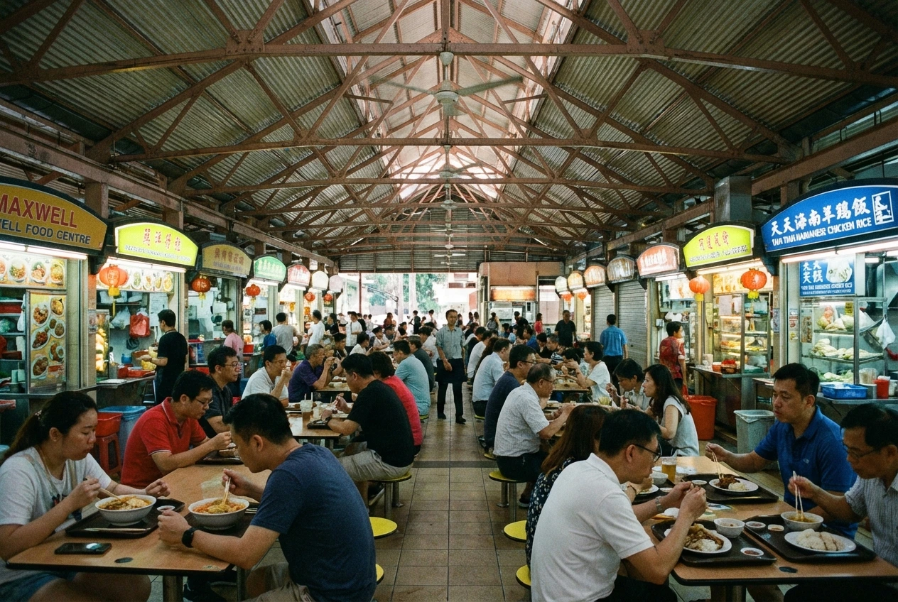 Hill-Street- (4) A wide architectural and lifestyle shot showing crowds of diners eating at tables under the distinct arched metal roof of Singapore's famous Maxwell Food Centre.