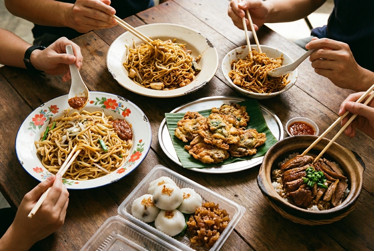 Hill-Street- (5) An overhead flat-lay shot of friends using chopsticks to share a vibrant feast of local hawker dishes, including plates of noodles, fried fritters, and claypot rice on a wooden table.
