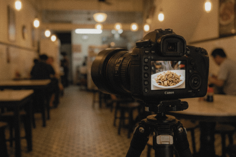 Imperial-Diversity- (1) A DSLR camera mounted on a tripod displays a freshly captured photograph of a food dish on its screen, set against the softly blurred, warmly lit background of a traditional Singaporean eatery.
