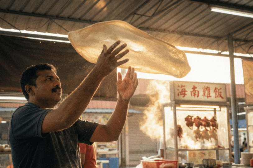 Imperial-Diversity- (2) A vendor skillfully tosses a large, thin sheet of prata dough high into the air at an outdoor food market, with a Hainanese Chicken Rice stall visible through the steam in the background.