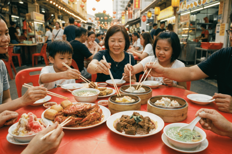 Imperial-Diversity- (5) A smiling multi-generational family enjoys a communal feast at a bright red table in a bustling hawker street lined with glowing lanterns, sharing a diverse spread that includes chili crab, dim sum, and colorful shaved ice.