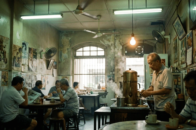 An interior shot of a vintage Singaporean coffee shop featuring a mix of cool fluorescent ceiling lights and a single, warm-toned hanging filament bulb. The light catches the steam from a traditional tall brass water boiler while patrons sit at round marble tables under rotating ceiling fans.