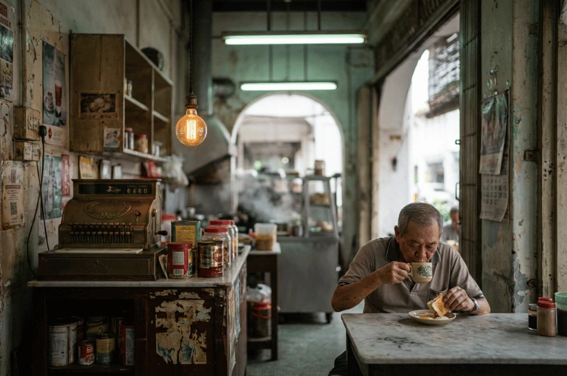 A close-up of a weathered wooden counter in a heritage restaurant, illuminated by a glowing Edison-style pendant lamp. The warm light focuses on an antique brass cash register and tinned goods, while an elderly man eats breakfast in the soft, natural daylight filtering through the background archway.