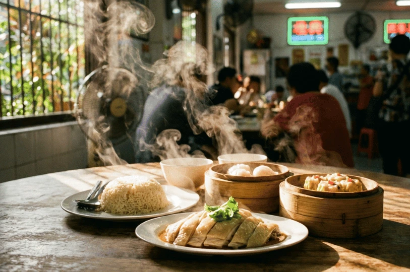 A high-contrast food photography shot featuring steaming plates of Hainanese chicken rice and dim sum baskets on a wooden table. The lighting utilizes strong side-glare from a nearby window, creating dramatic silhouettes with the rising steam against a blurred, bustling restaurant interior.