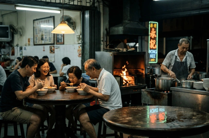 A night scene of a family dining at a traditional round table, lit by a low-hanging warm pendant lamp. In the background, a chef works at a stainless steel station next to a glowing wood-fired hearth, with a vibrant green and orange neon "Yong Kee" sign reflected on the polished tabletop.