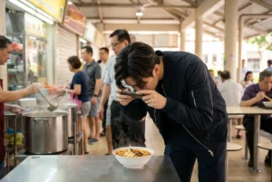 A young man leans in to take a close-up smartphone photo of a steaming bowl of noodle soup on a stainless steel table at a busy Singapore hawker center.