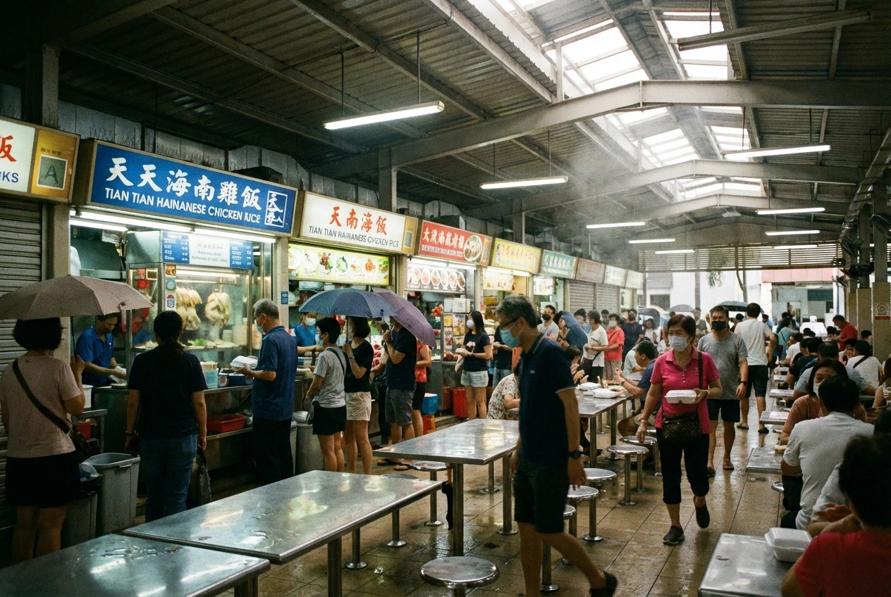 A wide shot capturing the bustling atmosphere of a Singapore hawker centre, showing a long queue of diners waiting in front of the famous Tian Tian Hainanese Chicken Rice stall.
