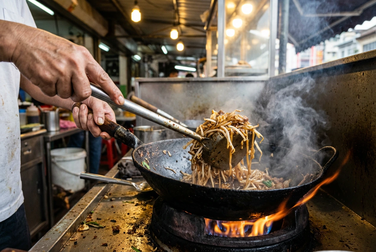 A dynamic, close-up action shot of a hawker chef's hands tossing stir-fried noodles in a flaming wok, dramatically enveloped in thick smoke and steam.