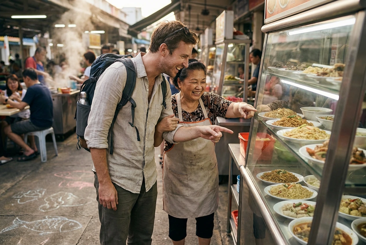 A smiling tourist with a backpack interacts with a friendly local hawker stall owner as they both point to various cooked dishes displayed in a glass food cabinet.