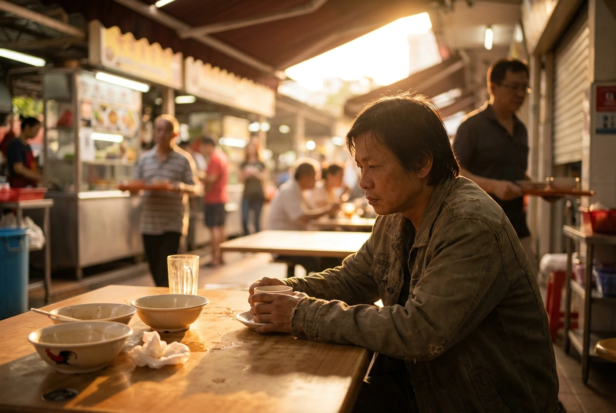An older man sits thoughtfully at a hawker centre table, holding a warm cup of traditional Singaporean coffee (kopi) while bathed in warm, cinematic golden hour light.