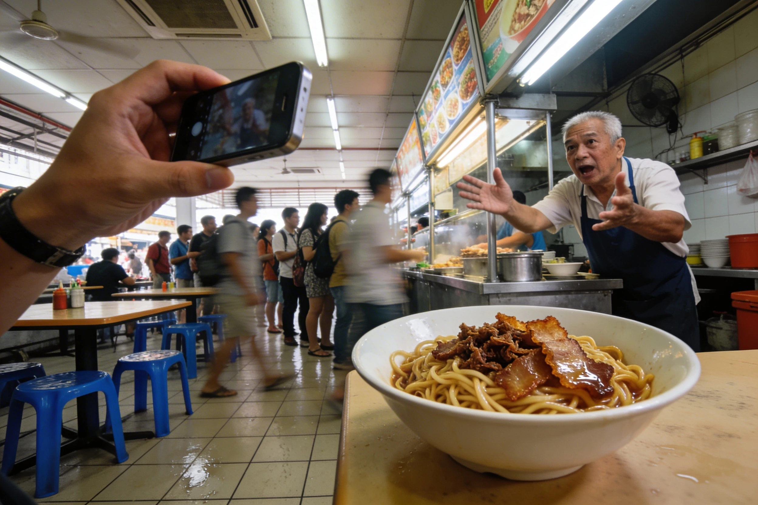 A first-person perspective shot of a diner holding a smartphone to photograph a bowl of noodles in the foreground. In the background, an elderly hawker vendor gestures expressively with open arms toward the camera, while a blurred line of customers forms behind him.