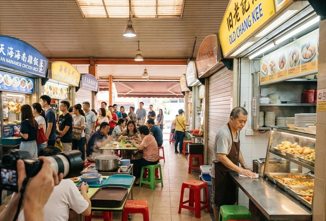 A wide-angle view of a busy indoor hawker center featuring a row of stalls, including "Old Chang Kee." An elderly vendor in a brown apron wipes down a stainless steel counter in the foreground, while diners sit at tables and a photographer's camera lens is visible in the bottom-left corner, framing the scene.