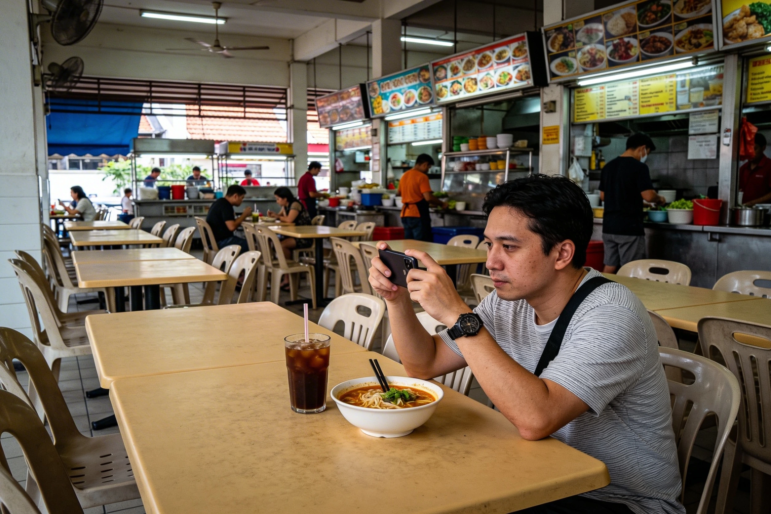 A man sitting at a tan table in a brightly lit, nearly empty hawker center, using his smartphone to take a photo of a bowl of laksa and an iced drink. The background shows various food stall counters and overhead fans under a high ceiling.