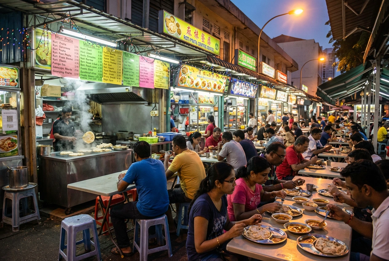 A vibrant nighttime shot of an outdoor hawker street under warm streetlights. A vendor prepares roti prata on a steaming griddle next to a colorful menu board, while many people sit at long tables enjoying their meals in the evening air.