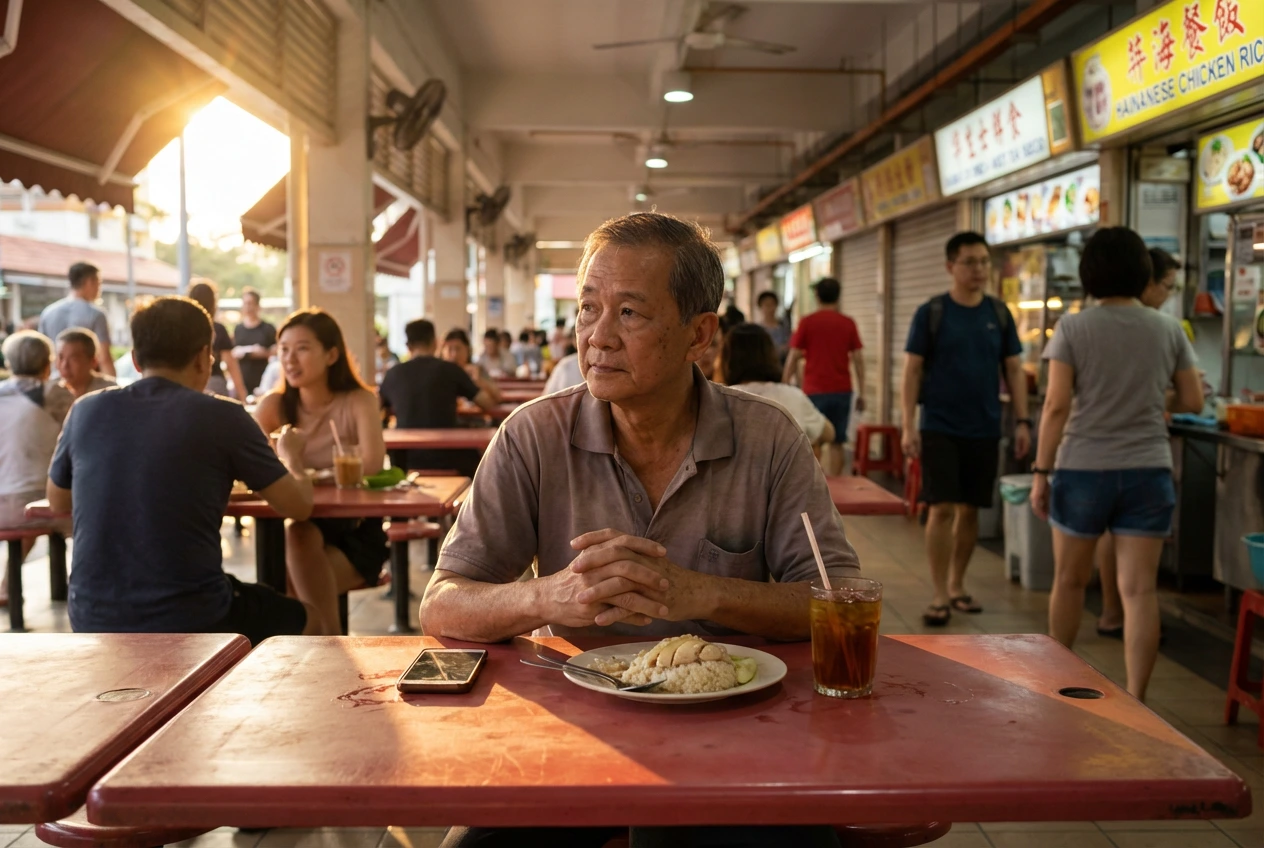 A cinematic, sun-drenched portrait of an elderly man sitting alone at a red hawker table, his hands clasped as he looks thoughtfully off-camera. A plate of Hainanese chicken rice and a glass of iced tea sit before him, with the golden hour light glowing through the open-air center.