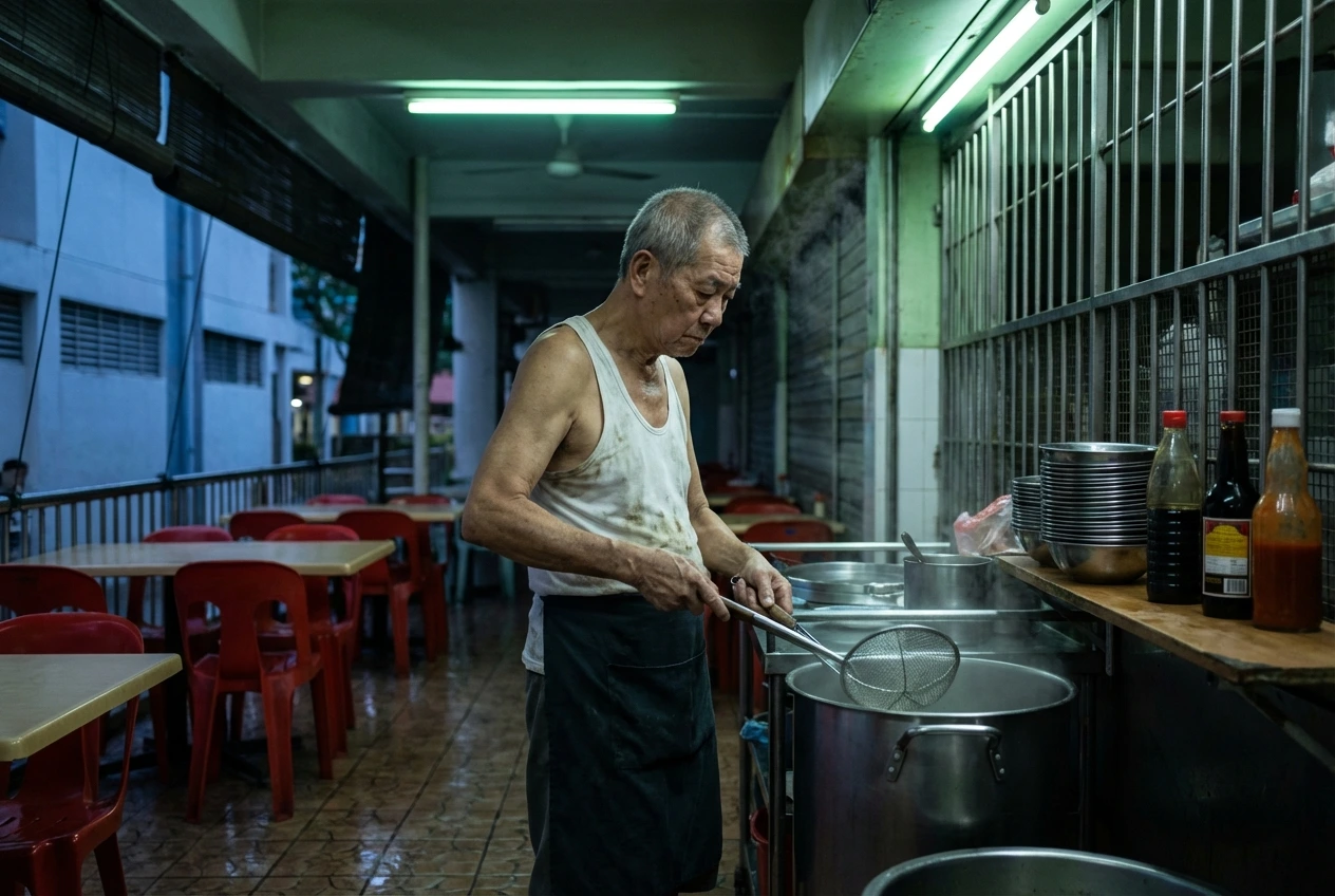 An elderly hawker in a white singlet and black apron uses a wire mesh strainer to cook noodles over a large, steaming metal pot in a quiet, dimly lit hawker center.