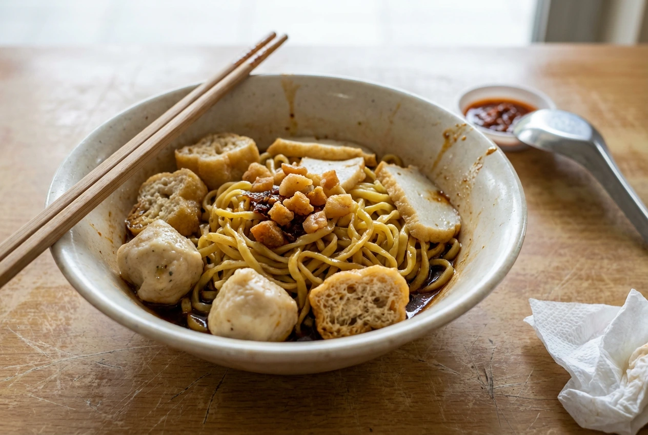 Uncle-Lim-2 A close-up of a bowl of traditional Singaporean dry noodles topped with fishballs, sliced fish cake, tofu puffs, and crispy pork lard, with wooden chopsticks resting on the rim and a small saucer of chili paste nearby.
