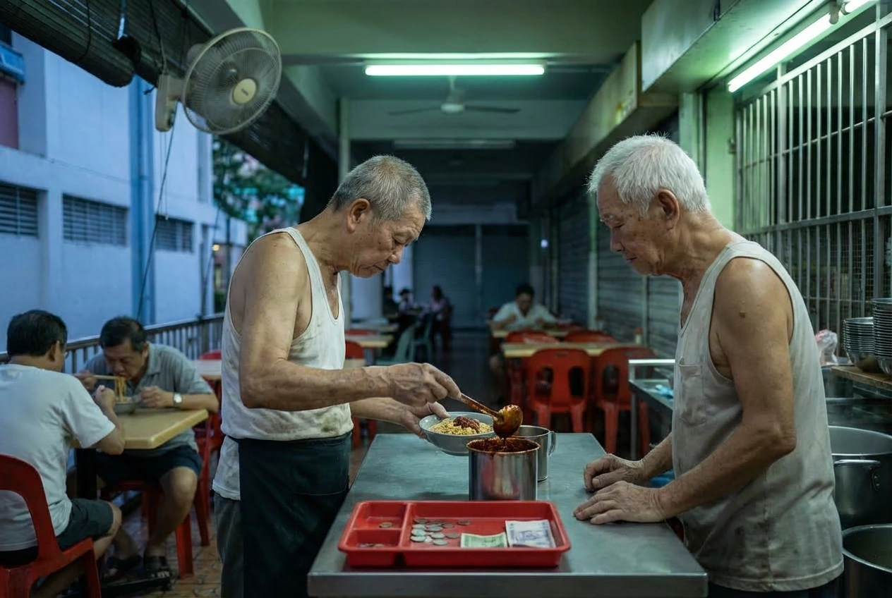 Uncle-Lim-3 Two veteran hawkers in white singlets work side-by-side at a stainless steel counter. One carefully spoons dark sauce onto a bowl of noodles, with a red tray holding coins and cash in the foreground.