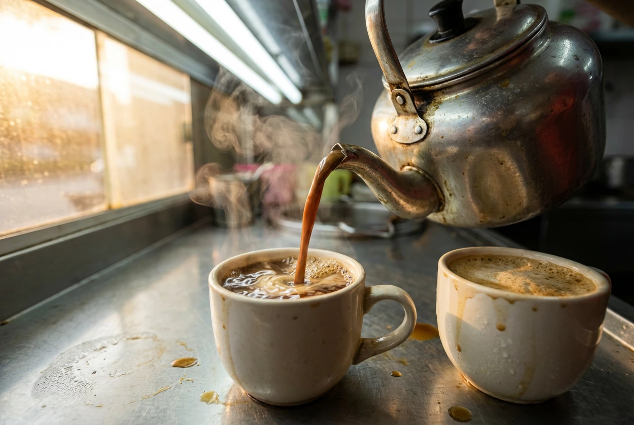 Uncle-Lim-4 Steaming hot traditional Singapore kopi is poured from a weathered metal kettle into classic ceramic cups, with some coffee spilling over the edges onto the metal counter bathed in warm sunlight.