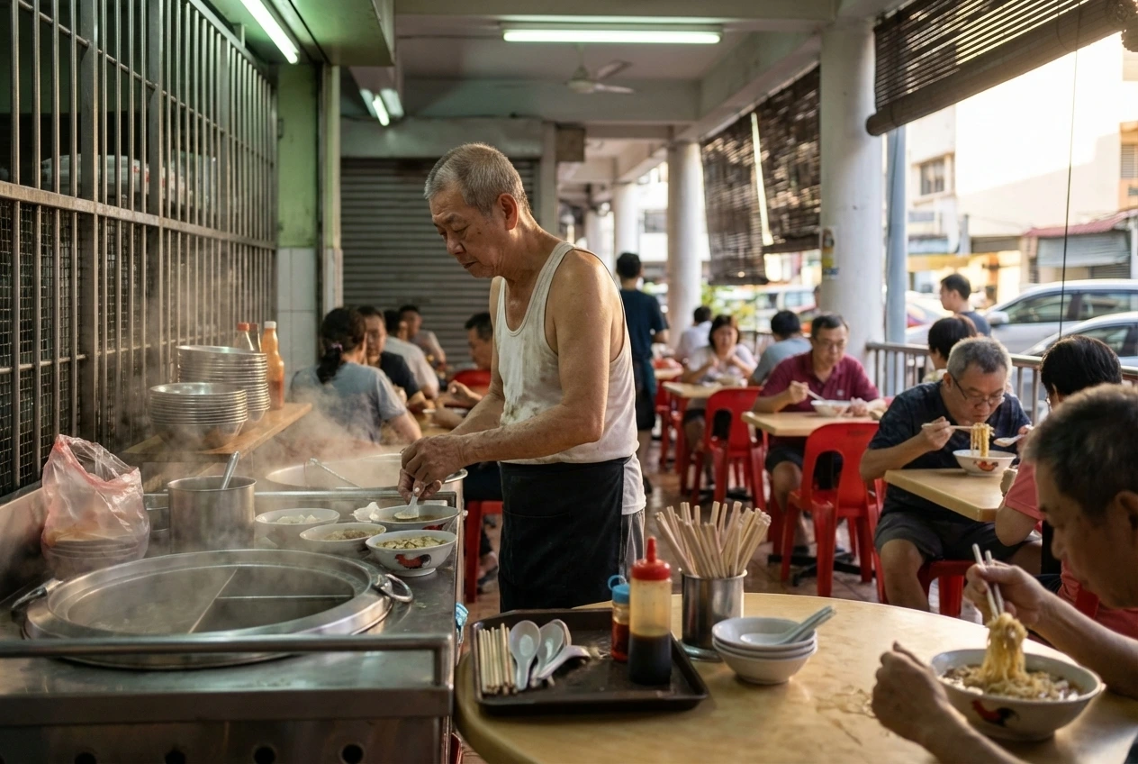 Uncle-Lim-5 A busy hawker stall scene where an elderly uncle in a white singlet prepares multiple bowls of hot food amidst clouds of steam, while customers eat at round tables with red plastic chairs in the background.