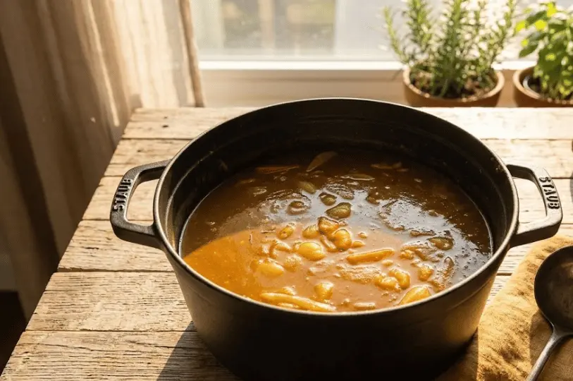 A large black cast-iron pot filled with simmering Japanese curry sits on a rustic wooden table, heavily bathed in warm, angled sunlight streaming through a nearby window.