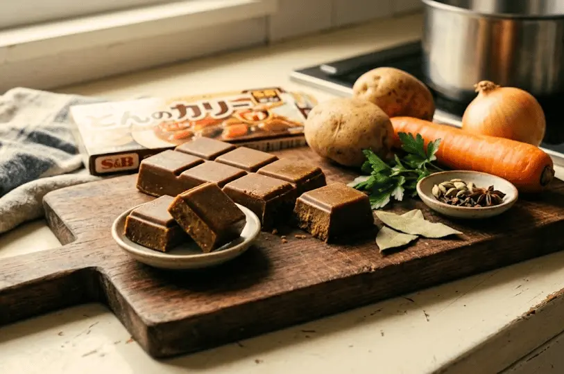 A rustic wooden cutting board displays the raw ingredients of Japanese curry, including broken blocks of curry roux, whole potatoes, carrots, an onion, fresh herbs, and a small dish of dry spices.
