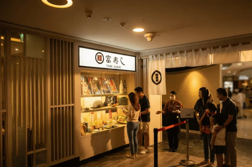 A family and other patrons waiting in line to be seated by a host outside the warmly lit, traditional wooden storefront of Tomi Sushi.