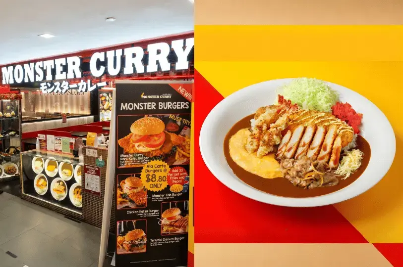 split image showing the bright red storefront of Monster Curry on the left, and a massive plate of their signature Japanese curry rice loaded with pork katsu, fried shrimp, and a fluffy omelet on the right.