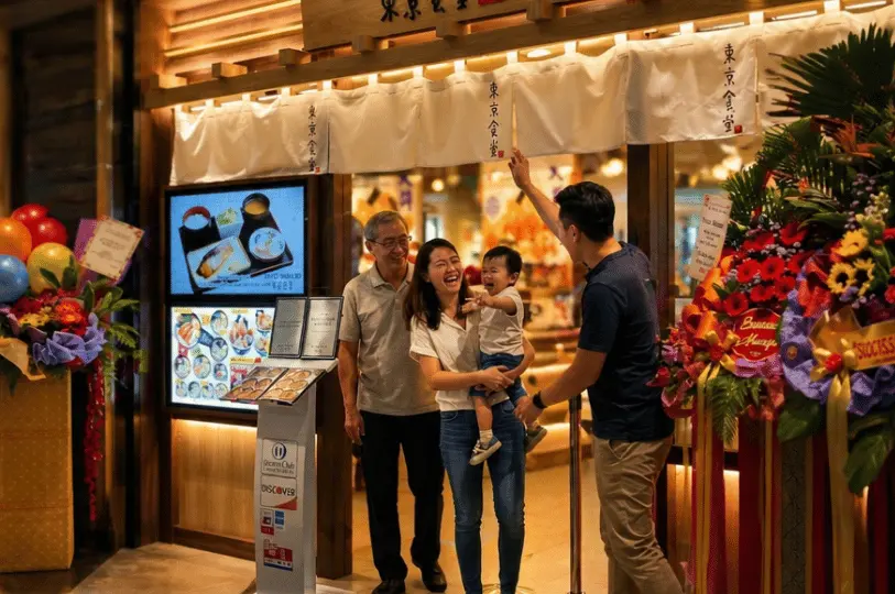 A candid, cinematic shot of a smiling multi-generational family happily entering a warmly lit Japanese restaurant, framed by traditional white noren curtains and vibrant grand opening flower stands.