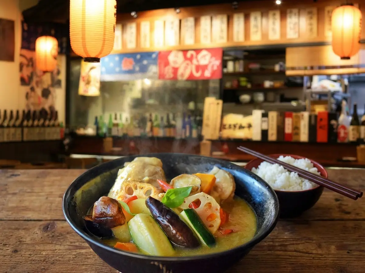 A hearty bowl of Hokkaido-style Japanese soup curry loaded with chicken and large cuts of root vegetables, served on a wooden counter inside a warmly lit restaurant with traditional Japanese lanterns and decor.