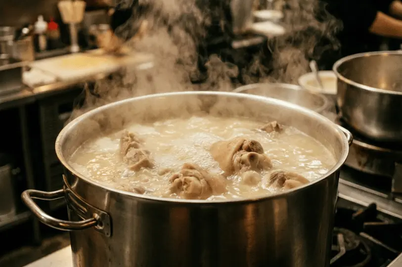 A large stainless steel stockpot in a commercial kitchen vigorously boiling large pork bones to create a cloudy tonkotsu broth, surrounded by thick plumes of steam.