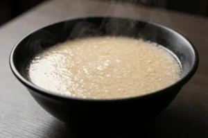 A close-up of a steaming black bowl filled with rich, bubbling, and opaque white tonkotsu ramen broth.
