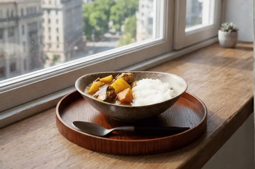 A ceramic bowl of Japanese curry with rice and chunky vegetables rests on a round wooden tray, sitting on a sunlit window sill with a softly blurred cityscape in the background.