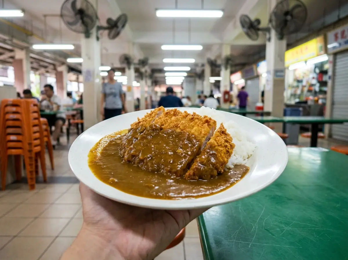 A hand holding up a classic plate of crispy pork katsu and rich Japanese curry over rice, set against the lively, everyday backdrop of a bustling local hawker centre in Singapore.