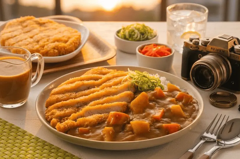 A food photography setup featuring a plate of sliced katsu curry, small bowls of garnishes, and a vintage-style Fujifilm camera, all illuminated by warm, golden, directional lighting.