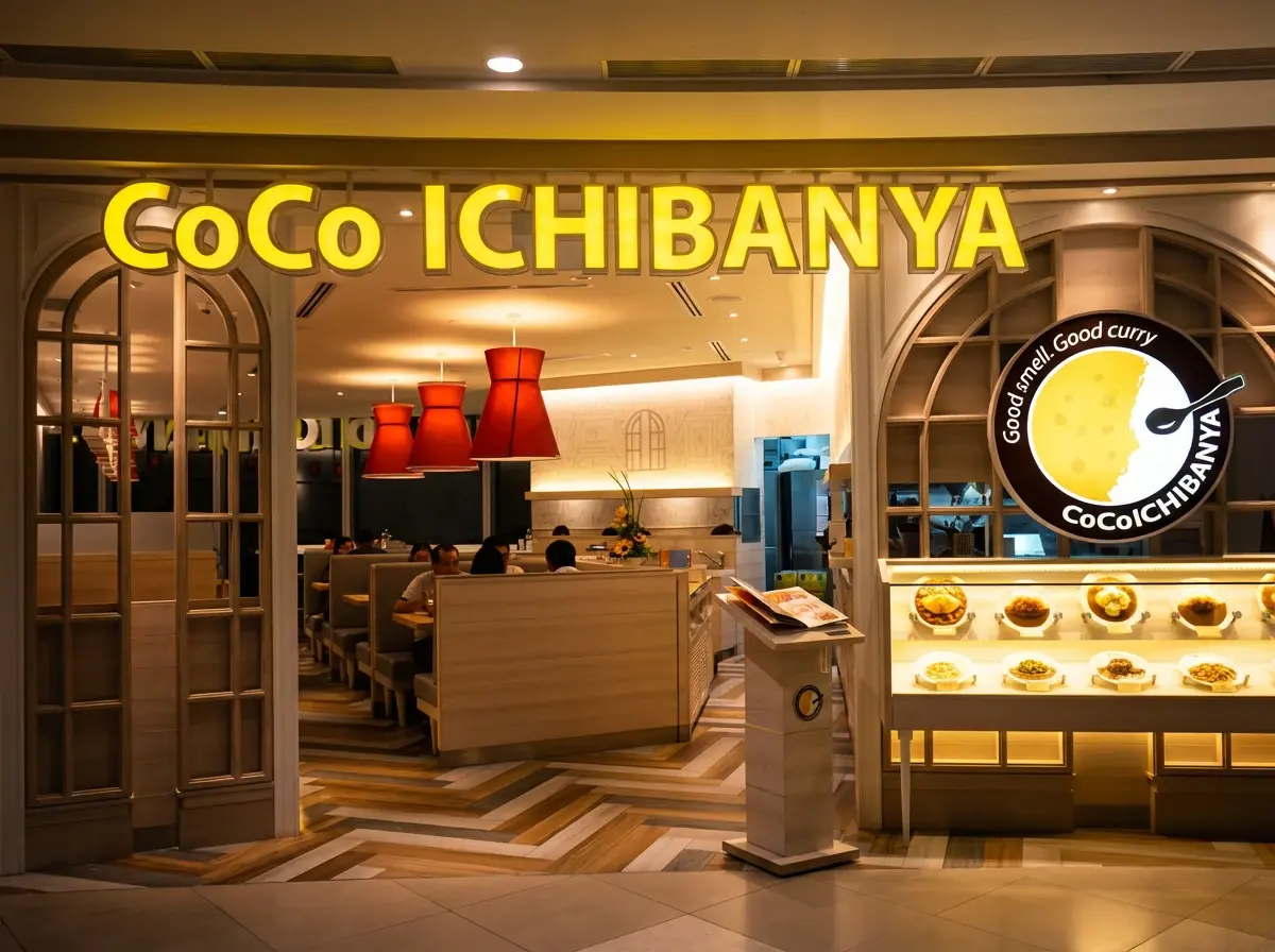 The brightly lit entrance of a CoCo ICHIBANYA restaurant inside a Singapore shopping mall, featuring its signature yellow signage, a display case of realistic food models, and diners eating inside.