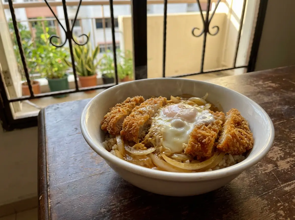 A comforting, home-style bowl of katsudon topped with a soft-boiled egg, sitting on a rustic wooden table with a view of a typical Singaporean public housing corridor.