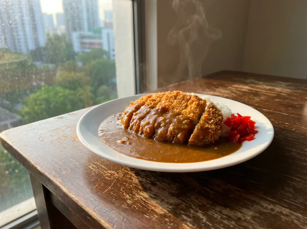 A steaming plate of Japanese katsu curry and rice resting on a table by a window, overlooking a stunning sunset view of the Singapore skyline, including Marina Bay Sands and Gardens by the Bay.