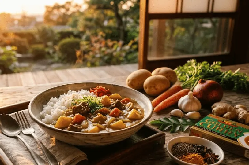 A beautifully styled bowl of Japanese curry and rice surrounded by fresh vegetables and a box of Golden Curry, illuminated by a brilliant golden hour sunset overlooking a tranquil Japanese garden.