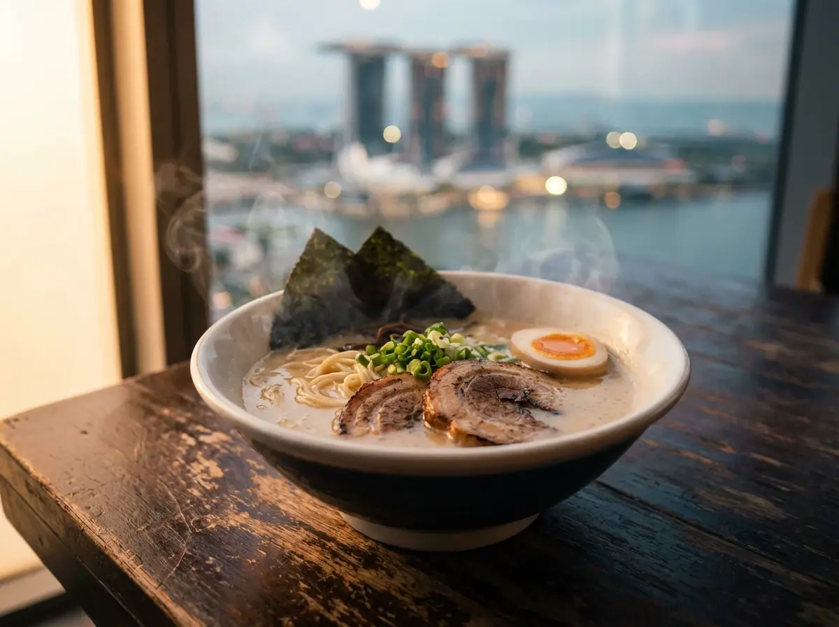 A steaming bowl of rich tonkotsu ramen with chashu and a halved egg, photographed against a window overlooking the iconic Marina Bay Sands.