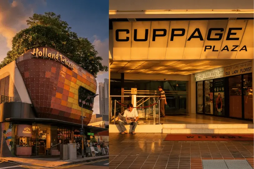 A split view showing the colorful, curved exterior of Holland Piazza on the left, and a man reading a newspaper on the steps outside the entrance to Cuppage Plaza on the right.