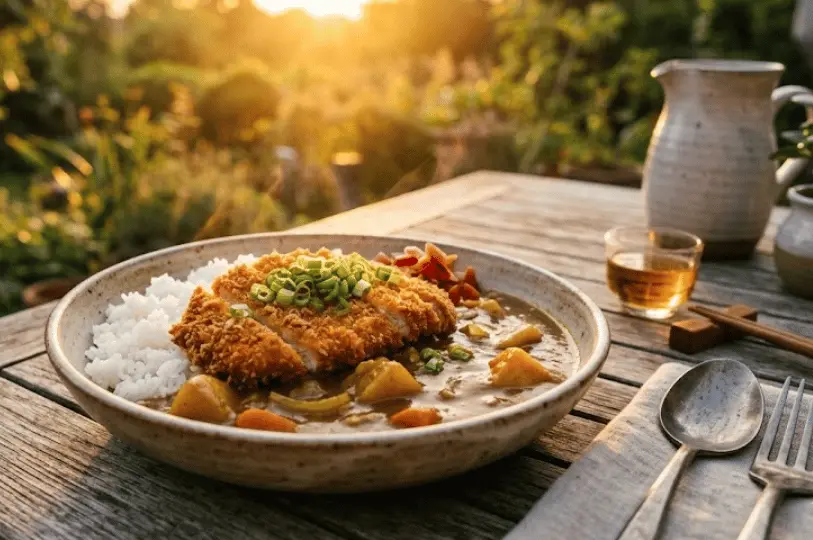 A close-up shot of crispy katsu curry on a rustic plate, set on an outdoor wooden table and glowing under the dramatic, warm backlighting of a golden hour sun.