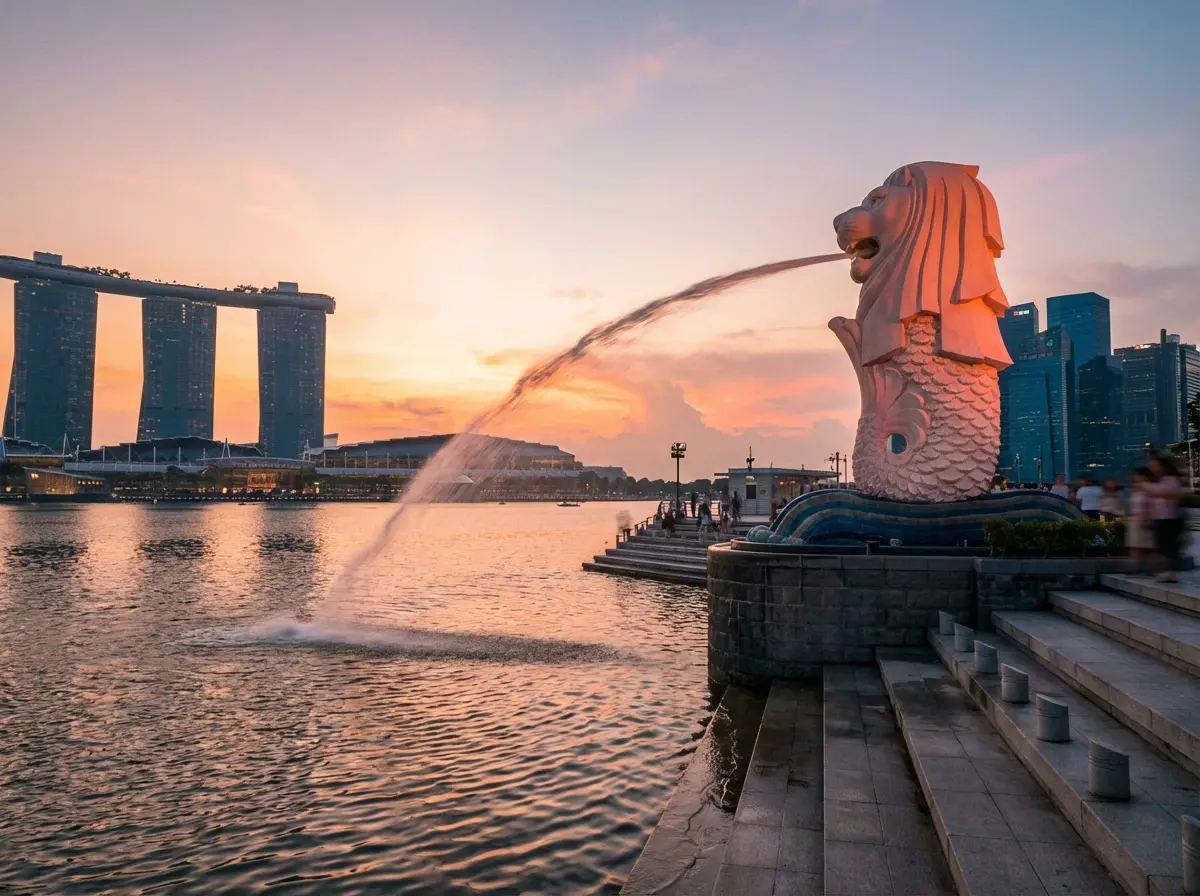 The iconic Singapore Merlion statue spouting water into the bay at sunset, establishing the local backdrop for the article.