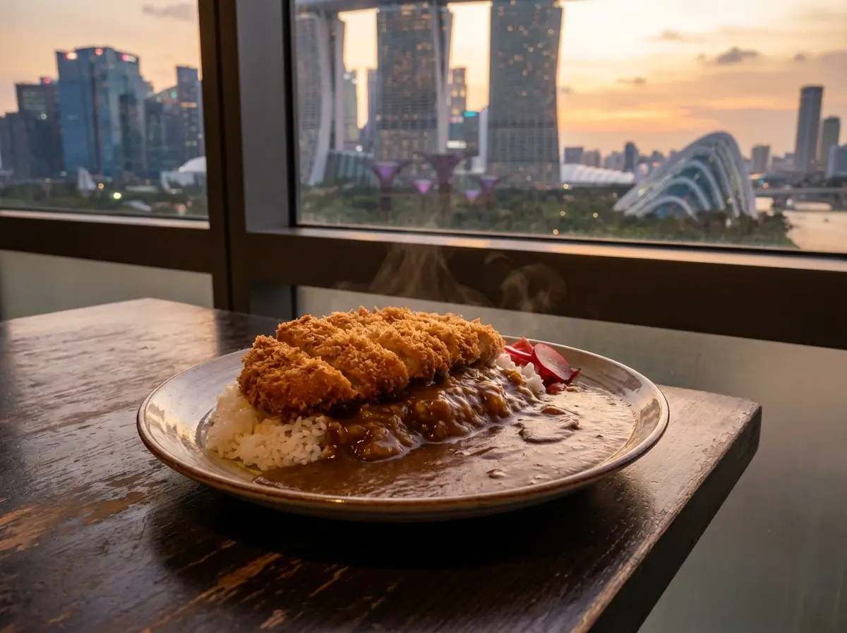 A steaming plate of Japanese katsu curry and rice resting on a table by a window, overlooking a stunning sunset view of the Singapore skyline, including Marina Bay Sands and Gardens by the Bay.