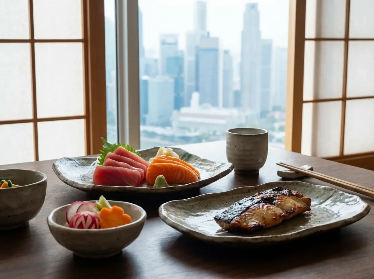A luxurious Japanese meal featuring thick-cut sashimi and grilled fish on artisan ceramic plates, set against a backdrop of the modern Singapore city skyline.